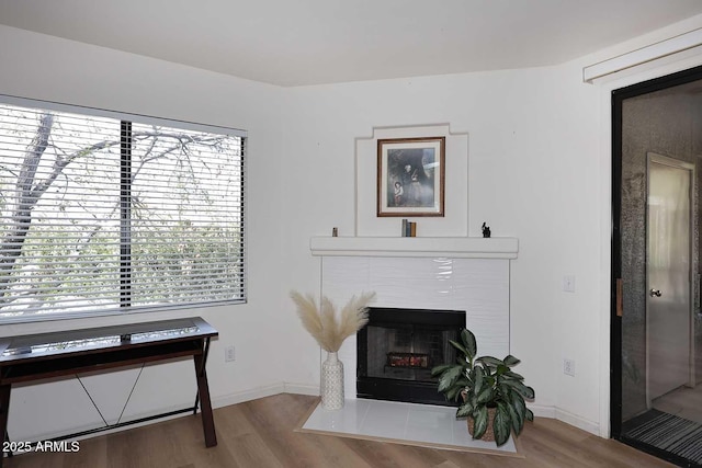 living area with wood finished floors, a fireplace with flush hearth, and baseboards