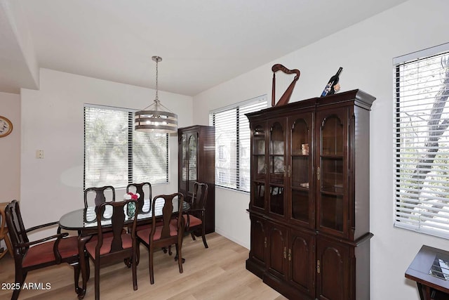 dining room with light wood finished floors and a chandelier