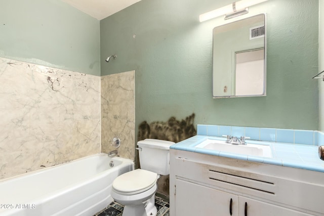 bathroom featuring toilet, vanity, washtub / shower combination, and visible vents