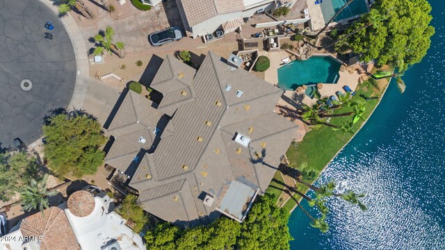 bird's eye view with a water and mountain view