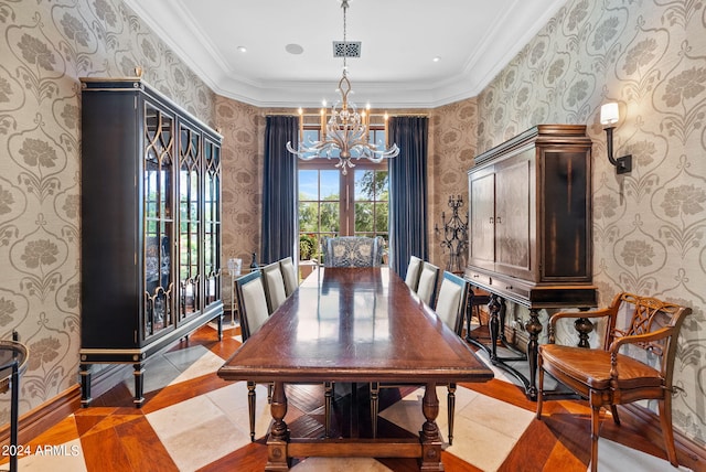 tiled dining area with crown molding, french doors, and an inviting chandelier