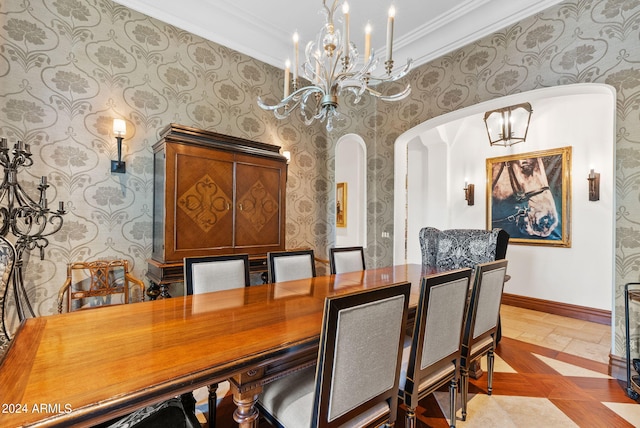 tiled dining room with a notable chandelier