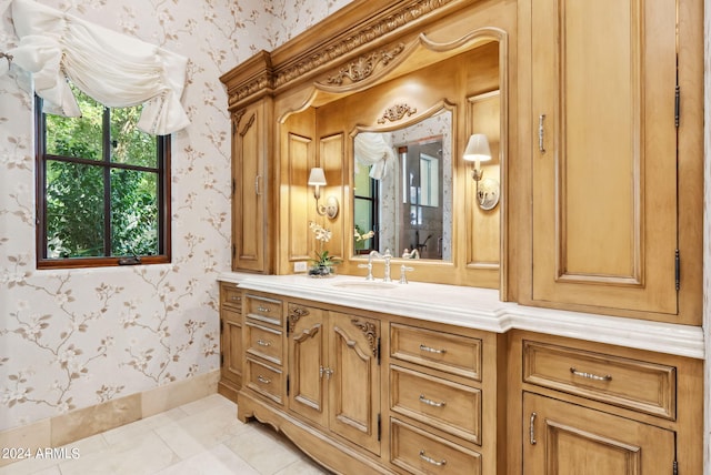 bathroom featuring oversized vanity and tile floors