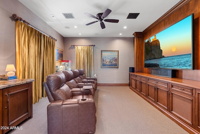 living room featuring ceiling fan and light colored carpet