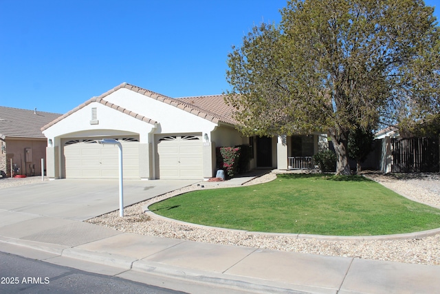 ranch-style house with a garage, driveway, a tiled roof, stucco siding, and a front yard