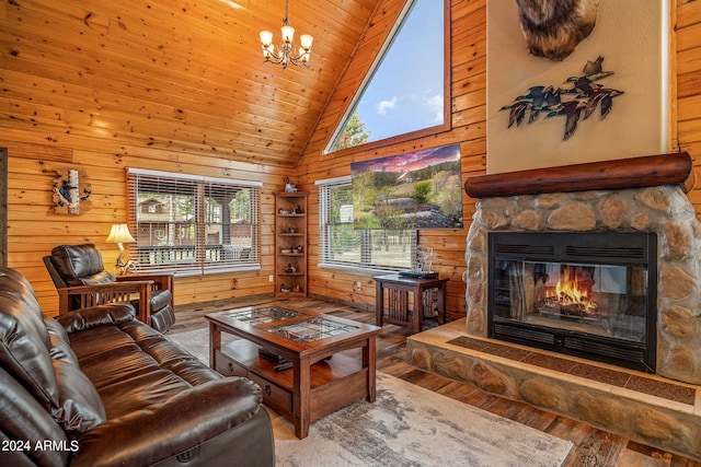 living room with wood walls, wooden ceiling, hardwood / wood-style floors, a fireplace, and high vaulted ceiling