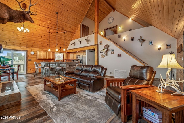 living room with wood walls, high vaulted ceiling, hardwood / wood-style floors, and a chandelier