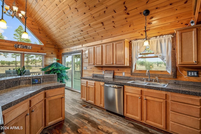 kitchen with dishwasher, sink, wooden walls, and a healthy amount of sunlight