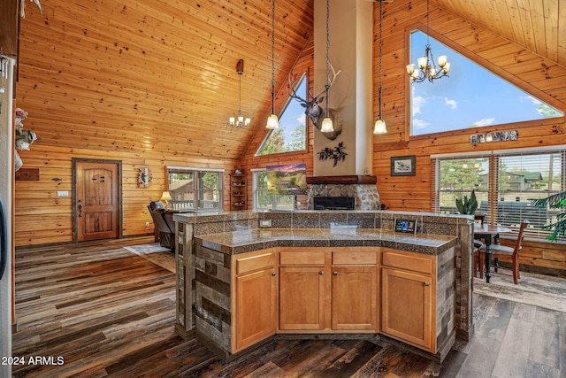 kitchen featuring hanging light fixtures, wooden walls, high vaulted ceiling, dark hardwood / wood-style floors, and wooden ceiling