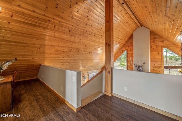 additional living space featuring wood walls, plenty of natural light, and dark wood-type flooring