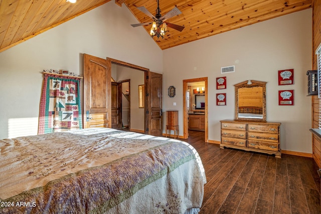 bedroom with ceiling fan, wood ceiling, dark wood-type flooring, high vaulted ceiling, and ensuite bathroom