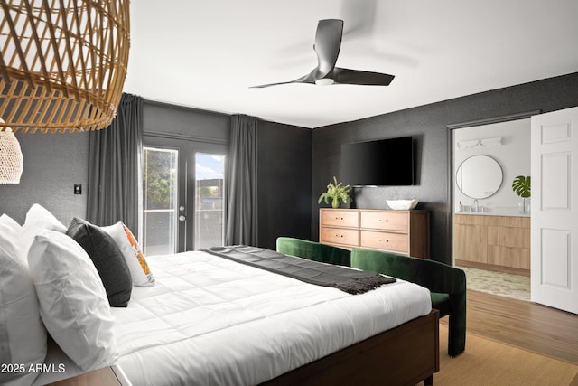 8001 E Voltaire Ave, Scottsdale, AZ 85260 - bedroom featuring wood finished floors, access to outside, a textured wall, ensuite bath, and a ceiling fan