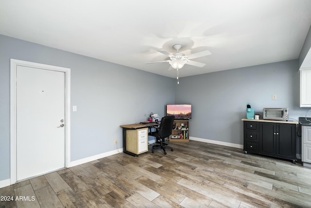 office area featuring ceiling fan and light wood-type flooring