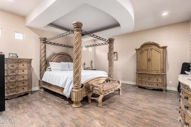 bedroom featuring dark wood-type flooring and a raised ceiling