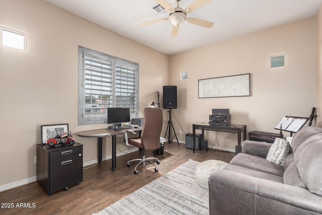 office area with dark hardwood / wood-style flooring and ceiling fan