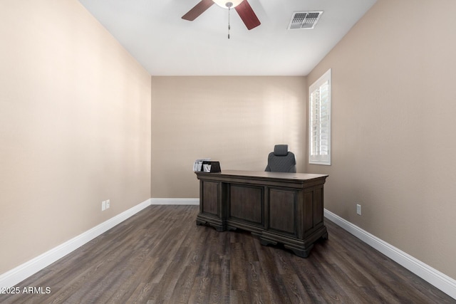 office space with dark hardwood / wood-style flooring and ceiling fan