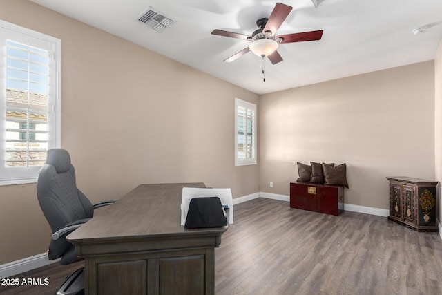 office area featuring hardwood / wood-style floors and ceiling fan