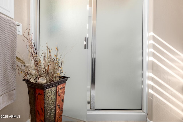 bathroom with a shower with shower door