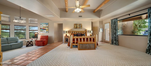 bedroom featuring ceiling fan, a high ceiling, beamed ceiling, and light tile patterned flooring