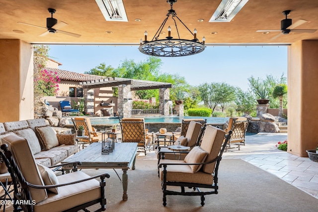 view of patio / terrace featuring a pergola, ceiling fan, pool water feature, and an outdoor living space