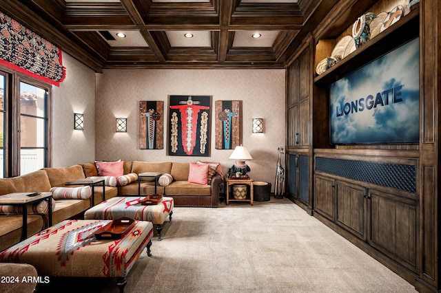 carpeted cinema room with beam ceiling, coffered ceiling, and crown molding