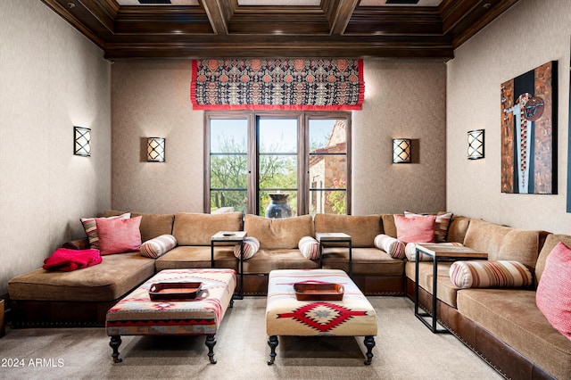 living room with coffered ceiling, ornamental molding, beam ceiling, and light carpet