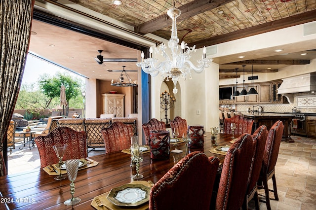 dining space with beamed ceiling and ceiling fan with notable chandelier