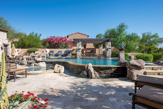 view of swimming pool with a pergola, a fenced in pool, a patio, and a jacuzzi