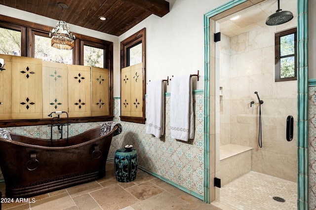 bathroom with separate shower and tub and a wealth of natural light