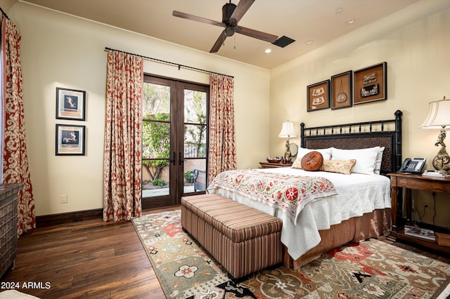 bedroom featuring french doors, access to exterior, ceiling fan, and dark hardwood / wood-style flooring