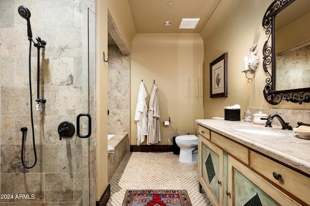 full bathroom with vanity, independent shower and bath, toilet, and tile patterned flooring