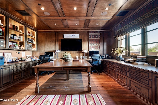 office space featuring built in desk, coffered ceiling, wood ceiling, and light hardwood / wood-style floors