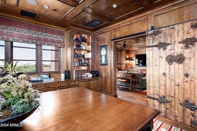 office space with coffered ceiling, wooden walls, wood ceiling, and light wood-type flooring