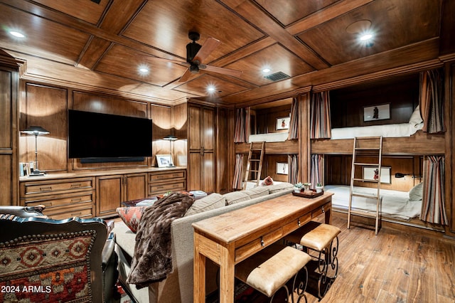 cinema room featuring coffered ceiling, light hardwood / wood-style flooring, wooden walls, and wooden ceiling