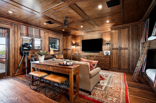 living room with coffered ceiling, dark wood-type flooring, wooden ceiling, ceiling fan, and wood walls