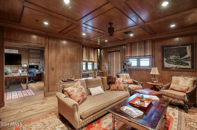 living room featuring ceiling fan, wooden ceiling, light hardwood / wood-style floors, wooden walls, and coffered ceiling