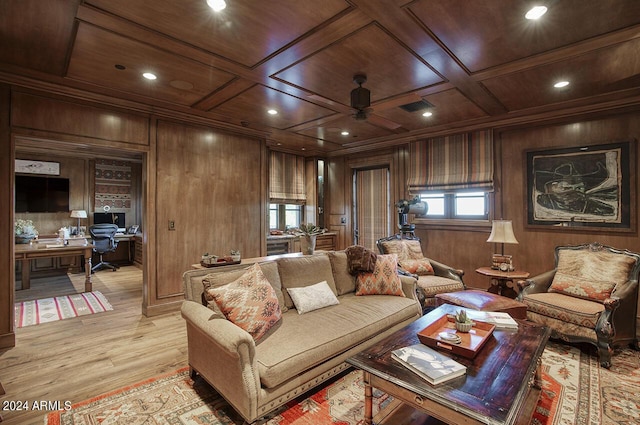 living area featuring wooden walls, light wood finished floors, and wooden ceiling