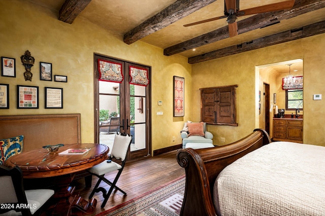 bedroom with french doors, beam ceiling, sink, ceiling fan with notable chandelier, and dark hardwood / wood-style flooring