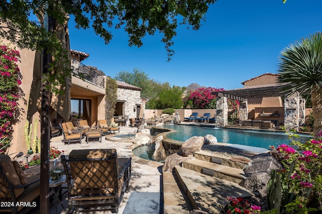 pool featuring an outdoor living space, a patio area, a pergola, and an in ground hot tub