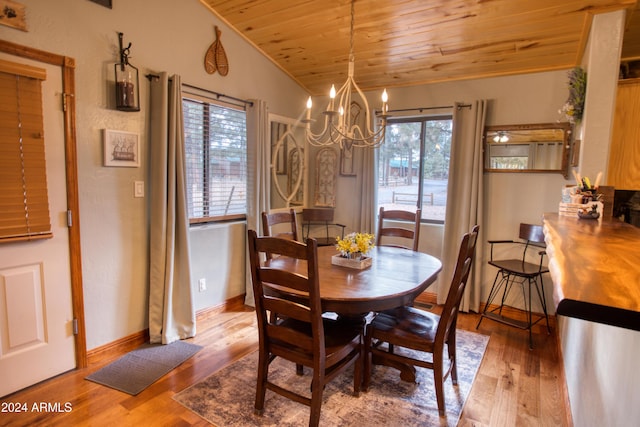 dining room featuring wood ceiling, light hardwood / wood-style floors, vaulted ceiling, and an inviting chandelier