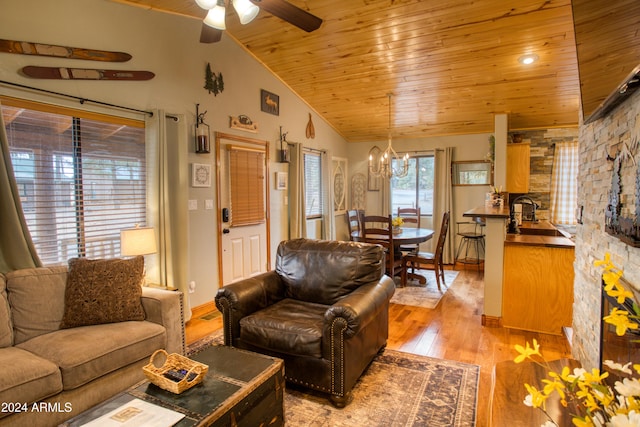 living room featuring light wood-type flooring, ceiling fan with notable chandelier, vaulted ceiling, sink, and wooden ceiling