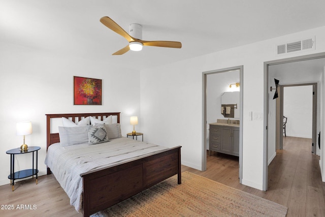 4600 N 68th St Unit 370, Scottsdale, AZ 85251 - bedroom with light wood finished floors, baseboards, connected bathroom, and a ceiling fan