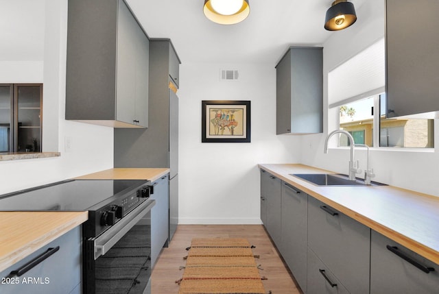 4600 N 68th St Unit 370, Scottsdale, AZ 85251 - kitchen featuring electric range oven, a sink, gray cabinetry, light wood-style flooring, and light countertops