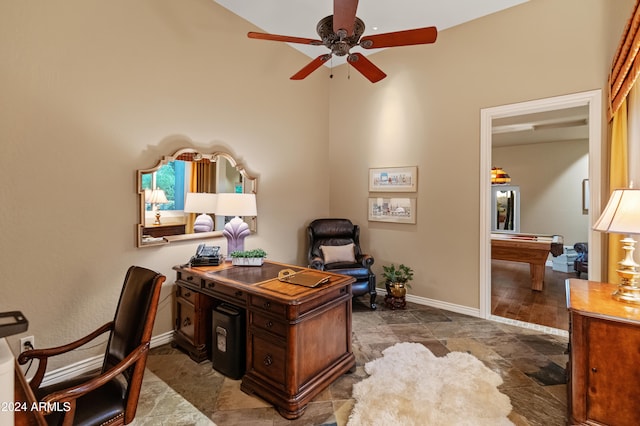 office space with pool table, wood-type flooring, and ceiling fan