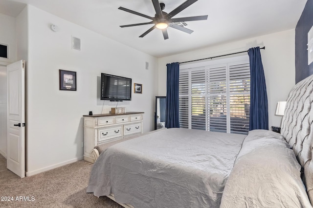 bedroom featuring ceiling fan and light colored carpet