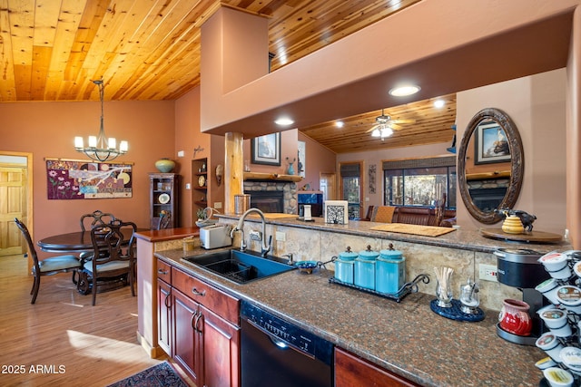 kitchen featuring wood ceiling, black dishwasher, sink, and pendant lighting