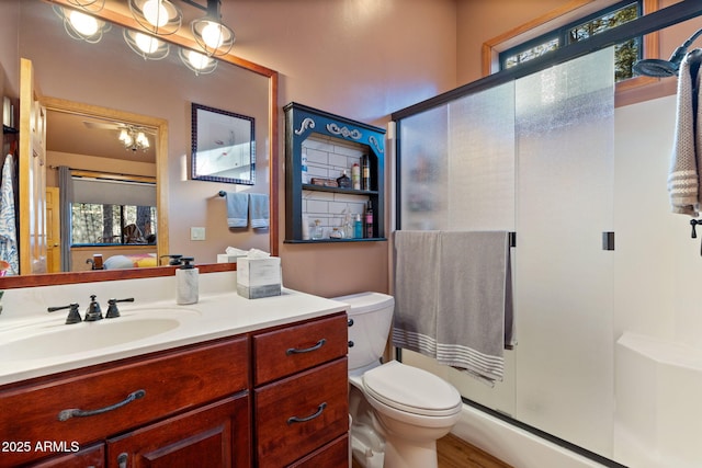 bathroom with vanity, toilet, and a shower with shower door