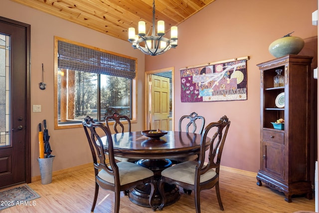 dining room featuring wood ceiling, a chandelier, vaulted ceiling, and light hardwood / wood-style flooring