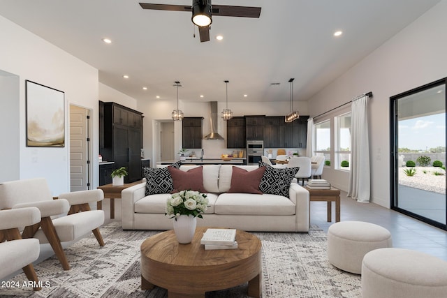 living room with ceiling fan