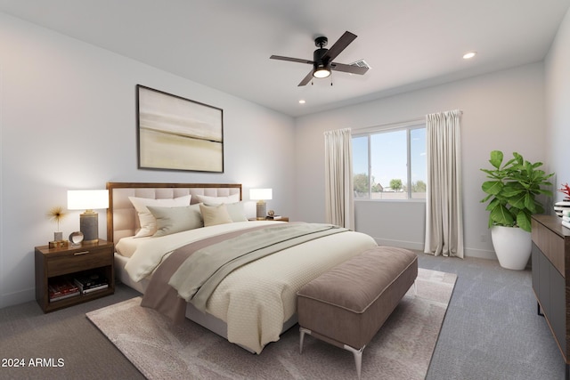 carpeted bedroom featuring ceiling fan